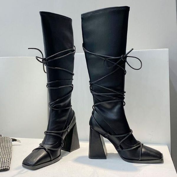 

boots drop woman fashion square toe knee high 9 cm chunky heels cross lace up thin leg slim tube long, Black