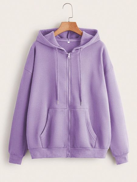 

solid drawstring zip up drop shoulder hoodie t9p1#, White;black