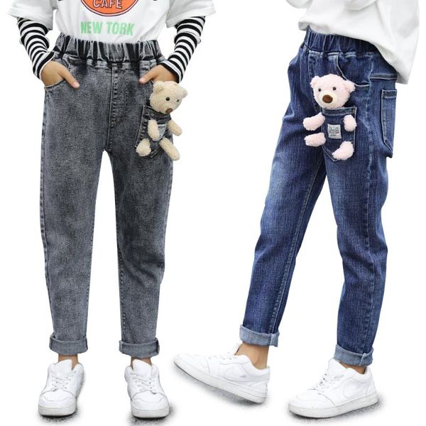 

jeans 3-10y children's spring and autumn casual kids cute pocket bear design trousers girls pants clothing, Blue