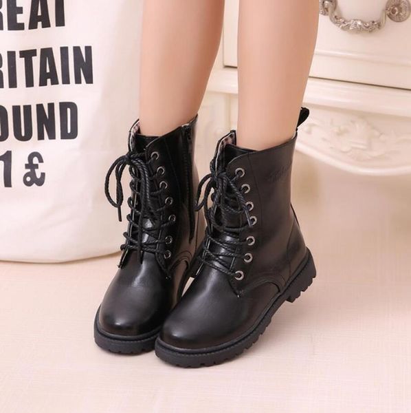 

children boots leather plush waterproof motorcycle winter kids snow brand girls princess shoes black 27-36, Black;grey