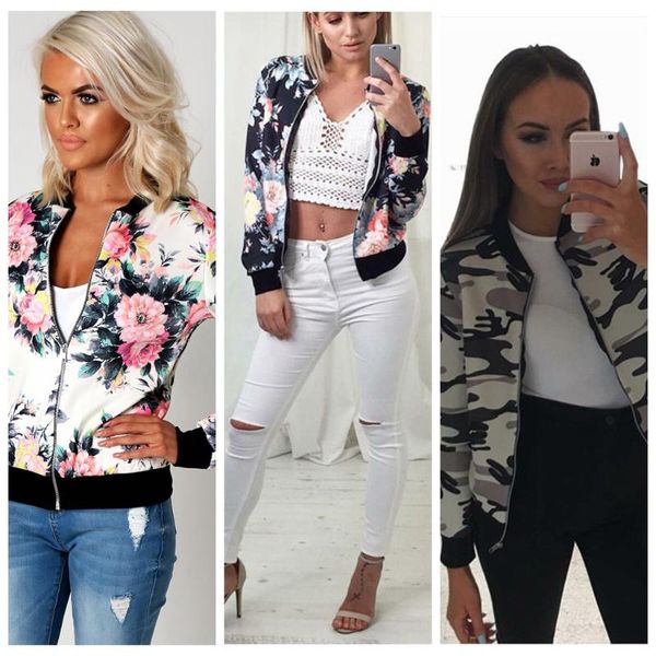 

women's jackets printed bomber women jacket pockets zipper long sleeve coat ropa mujer female flower chiffon woman spring chaqueta, Black;brown