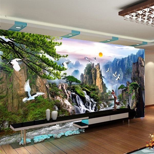 Personalizado 3d Paisagem Pinturas Fotomural Mural Sunrise Mountain Cachoeiras Personalizado 3D Mural Papel de Parede