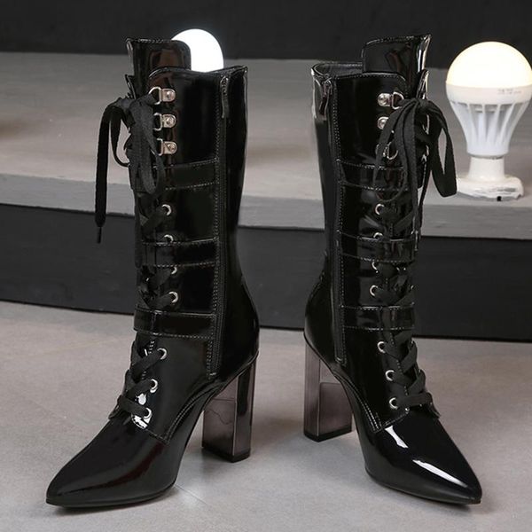 Botas Passarela Sapatos Lace Up Estilo Britânico Estilo High-Heeled Grossas 2021 Outono e Inverno Cheongsam Mulheres