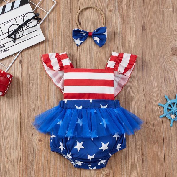 

infant baby boys girls bodysuits 4th-of-july independence day stars striped printed lace romper bodysuit girl clothes rompers, Blue