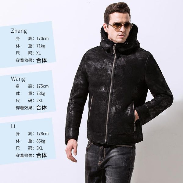 

men's leather & faux jacket winter real genuine jackets hooded sheepskin coat short vintage natural wool fur coats 2021 7110-1, Black