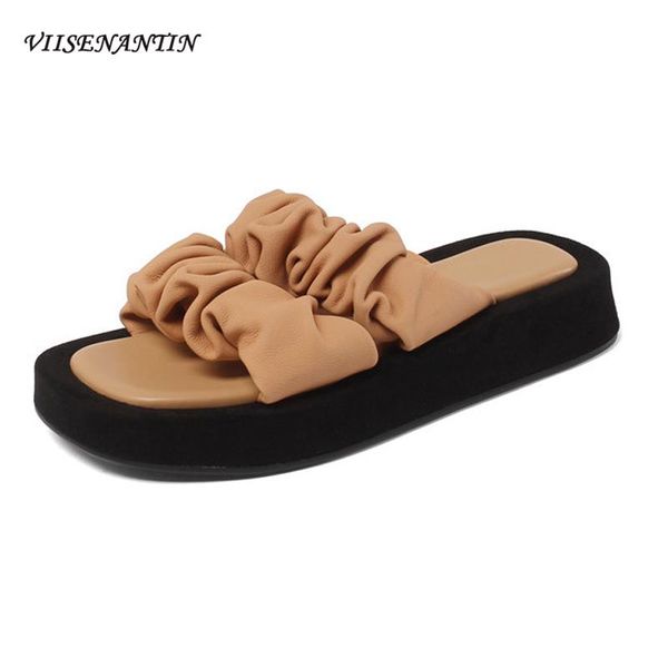 

slippers summer style sheepskin round head sponge cake platform sandals open toe fashion casual and for outer wear, Black