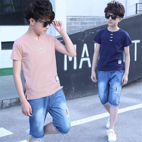 Детский спортивный костюм мальчики повседневные летние детская одежда с коротким рукавом футболки + синие джинсы брюки 2 шт малыша набор 210622