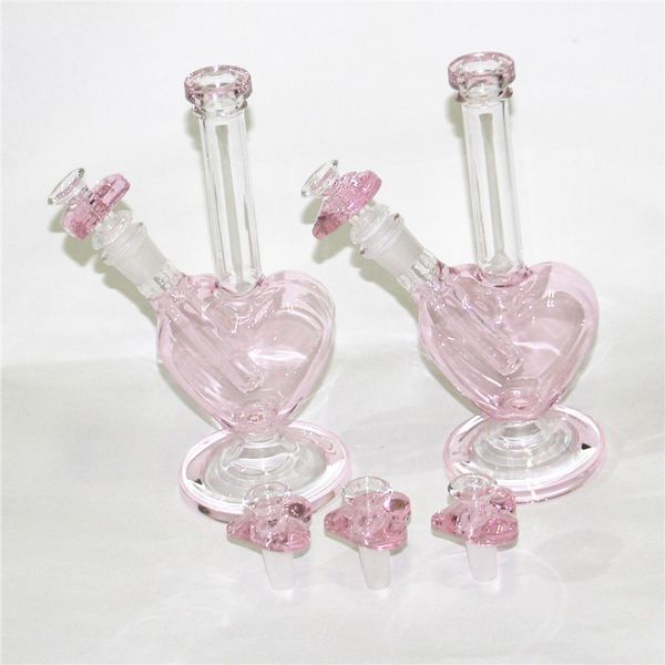 9-Zoll-Herzform-Wasserpfeifen Glasbong rosa Farbe DAB-Ölplattformen Bubbler Mini-Glaswasserpfeifen mit 14-mm-Gleitschüsselstück Quarznägeln