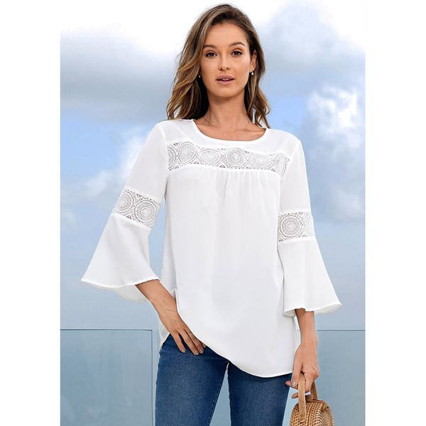 

round neck pierced flare sleeve blouse, White