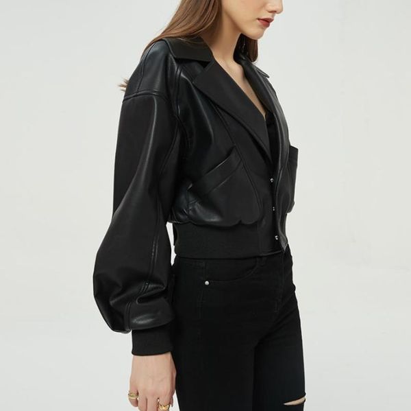 

women's leather & faux autumn short pu jacket baseball uniform 2021 black lapel fashion simple slim sheep coat