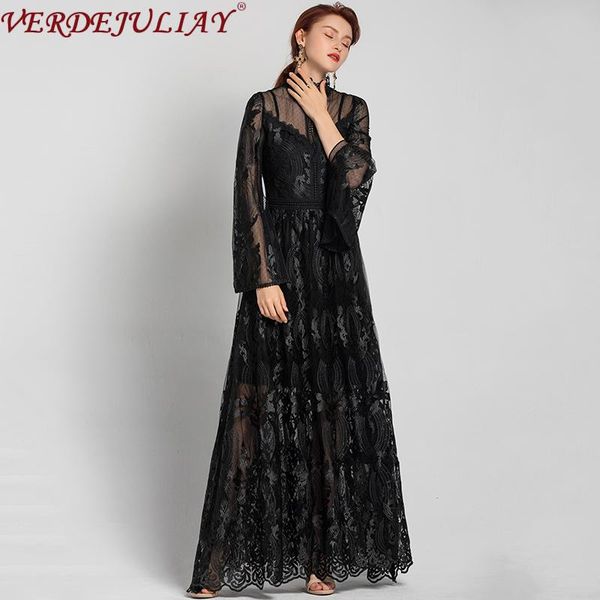 

casual dresses verdejuliay european luxury embroidery solid vintage party women stand collar flare sleeve 2021 spring retro maxi dress, Black;gray