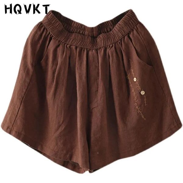 

women's shorts summer women linen loose elastic waist a-line style streetwear embroidery button pockets female casual wear hq30, White;black