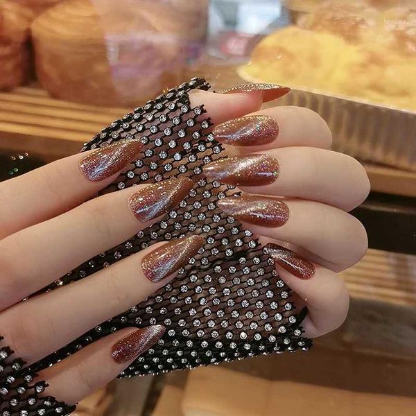 

24pcs fake nails with glitter star cat's eye detachable wearer fails manicure patch press on glue1, Red;gold