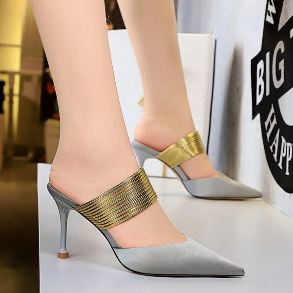 

european and american stiletto high-heeled slippers female shallow mouth pointed satin hollow lace-up, Black