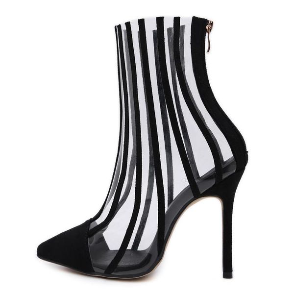 

boots ms short age season pointed stripe pvc transparent thin high heels, Black