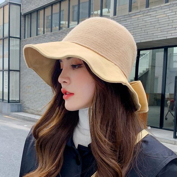 

wide brim hats 2021 autumn winter for woman wavy side fisherman hat bow flower retro elegant british bowl wedding party gifts, Blue;gray