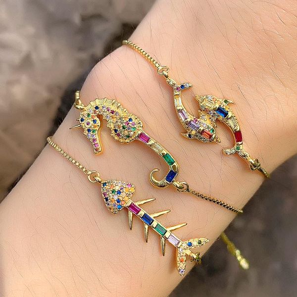 

micro pave cubic zirconia bracelet for women colorful fish bone dolphin sea horse anchor key charm adjustable bracelets & bangle link, chain, Black