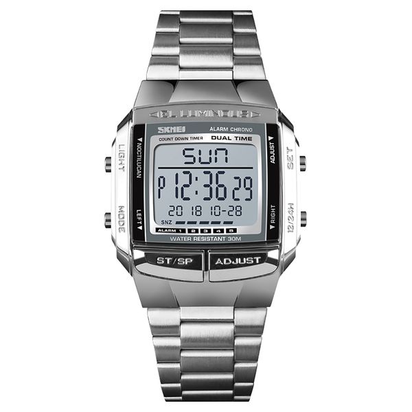 

skmei men analog digital watch fashion casual sports wristwatch 2time 5 alarm 3atm waterproof stainless steel strap backlightg, Slivery;brown