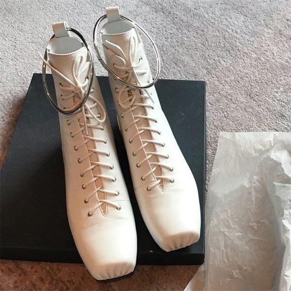 

boots 2021 winter square toe lace up ankle flats solid black white fashion ladies shoes woman botas mujer invierno