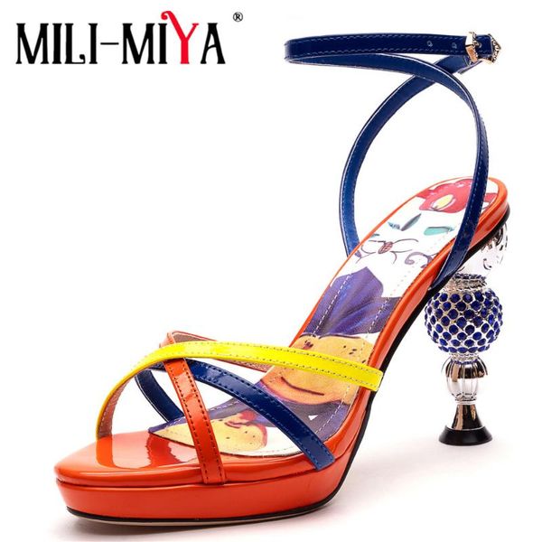 

sandals mili-miya fashion design women patent leather ankle wrap strange heels mixed color round toe plus size 34-43 summer shoe, Black