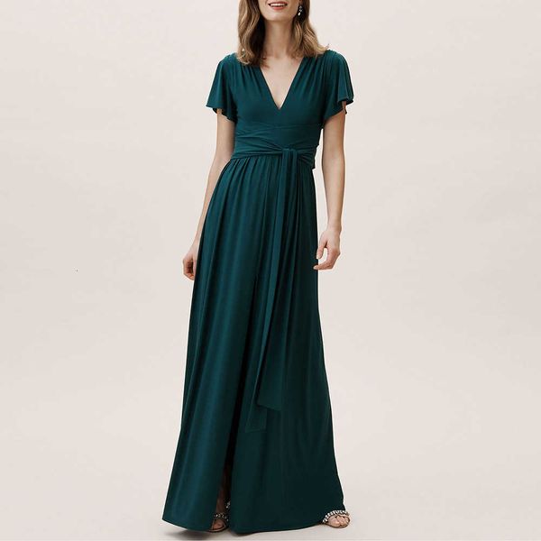 

luxury party evening dress 2021 evening elastic milk silk fabric v-neck shrunk pleat short sleeve belt long, Black