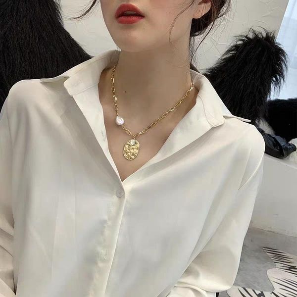 

punk coin choker necklace pendant lrregular pearls link chain cool simple for women jewelry chains, Silver