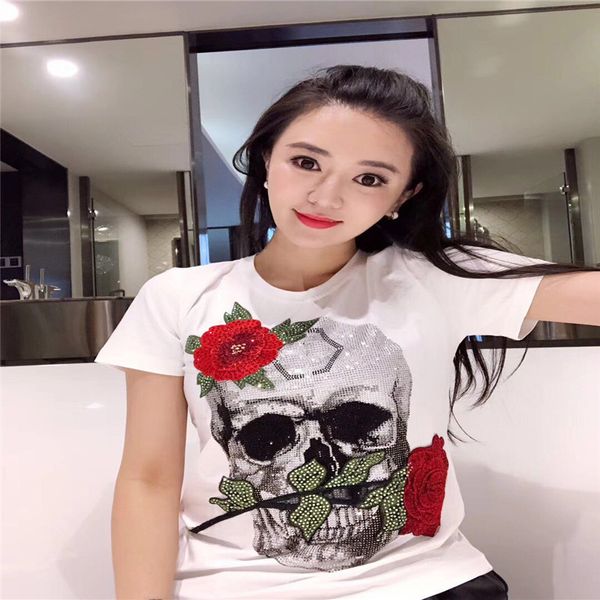 

women's t-shirt 2021 female brand t shirt short sleeve embroidery printed diamond hees the neck cotton, White