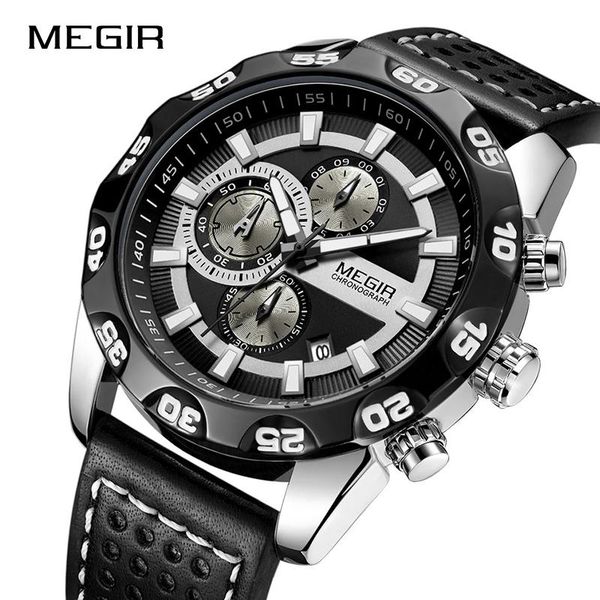 

wristwatches megir mens watches water ressistance chronograph military sport watch leather male quartz clock relogio masculino, Slivery;brown