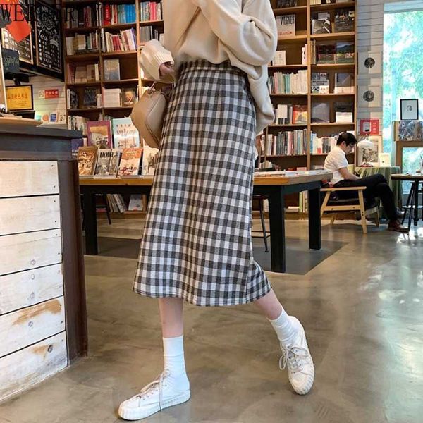 

werueruyu woolen skirt women midi skirt autumn winter thick warm a line skirt high waist plaid sweater skirts 210608, Black