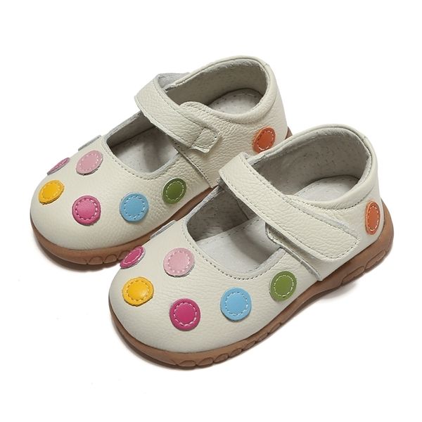 100% sapatos de couro macio bebê crianças branca mary jane com bolinhas multicoloridas clássico para meninas crianças cute 210326