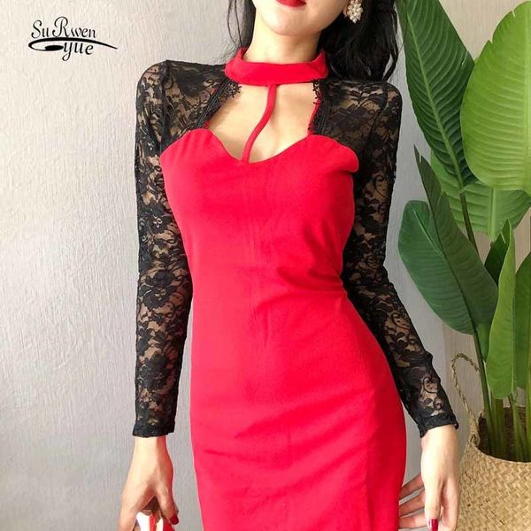 

hollow out lace stitching autumn fashion halterneck dress for women winter slim bodycon mini high waist ladies 12373 210427, Black;gray