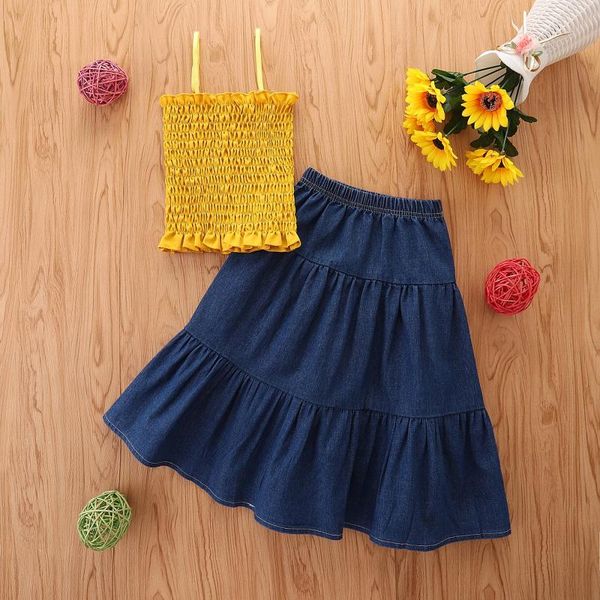 

infant girls clothes sets 2pcs strap sleeveless solid vest denim ankle length skirts clothing, White