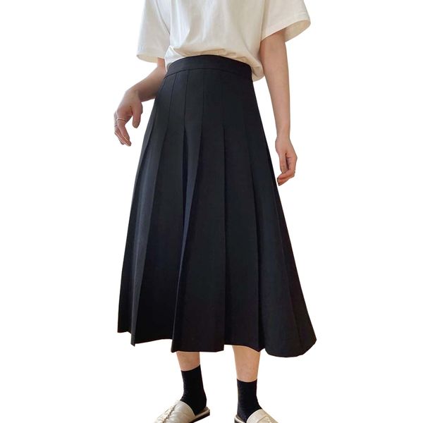 

skirt 2021 spring waist pure color women pleated elegant a-line long black khaki skirt faldas jupe femme saia