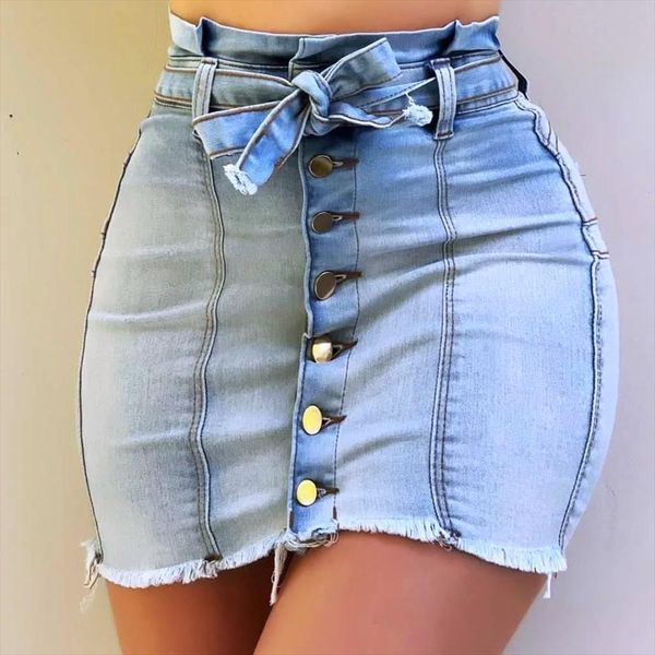 

skinny denim casual womens skirts high waist summer street pockets button all matched solid slim faldas, Black