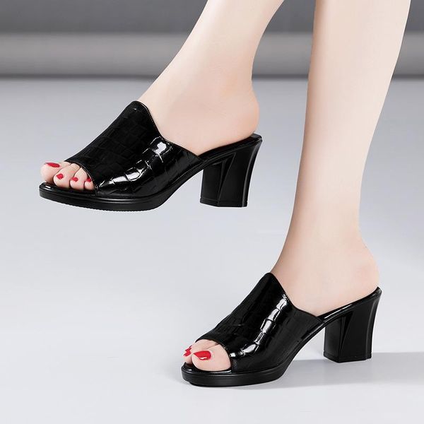 

summer fashion sandals women patent leather open toe thick heel shoes, Black
