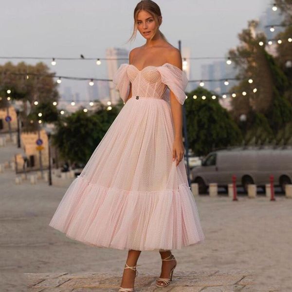 

blush pink off the shoulder dot tulle short cocktail dress a- line sweetheart elegant tea length bride gown party dresses vestidos de noche, Black
