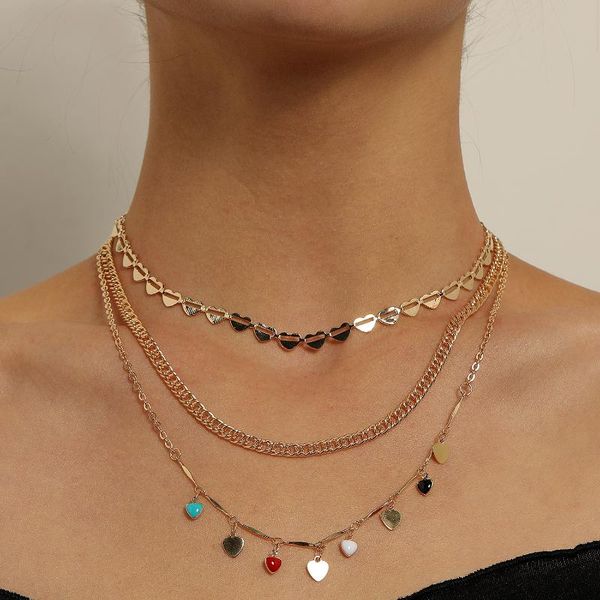 

punk colorful heart pendant tassel necklace women multilayer clavicle chain gold color 2021 fashion short sequins necklaces, Silver
