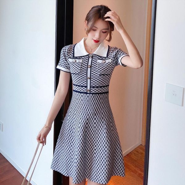 

summer womens dress turn down collar short sleeve geometry knitted korean slim holiday dresses vestidos, Black;gray