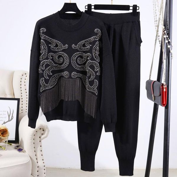 

long-sleeved knit sweater casual pants fashion suit q149 women's two piece, White