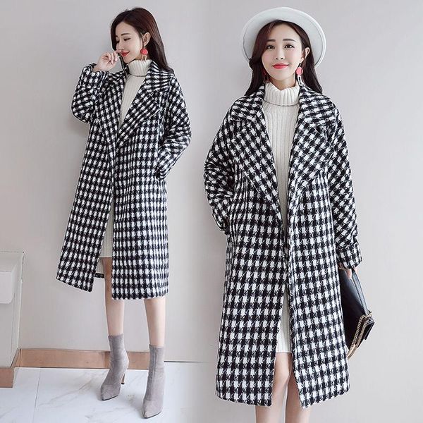 

women's wool & blends cotton thickened 2021 houndstooth fall/winter loose plus size fashionable temperament coat, Black