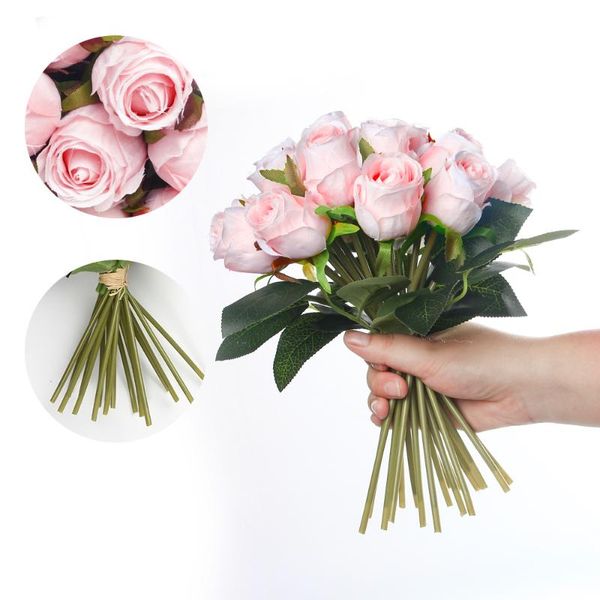 

bouquet 18 heads artificial rose flowers pink silk fake flower flores for diy home garden wedding decoration decorative & wreaths