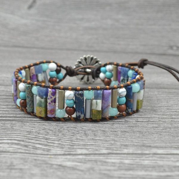 

tennis women boho bracelet tube shape natural stone single leather wrap semi precious beaded cuff dropship, Golden;silver