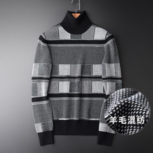 

men's jackets wool blended knitted turtleneck sweater plush thickened slim fit youth trend winter pullover bottom line garment, Black;brown
