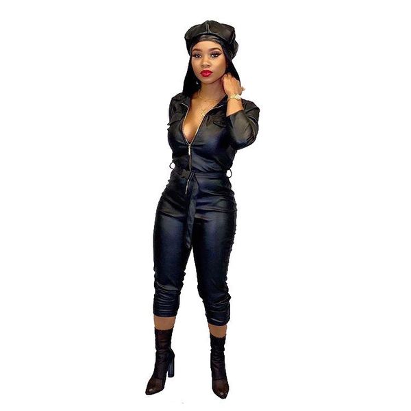 

women's jumpsuits & rompers women winter jumpsuit pu leather casual black long sleeve bodycon outfits sashes night club party overalls, Black;white