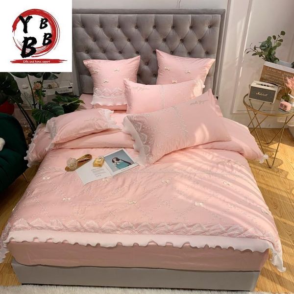 

bedding sets luxury embroidery egyptian cotton wedding  king duvet cover bed sheet pillowcase pink lace 4pcs bedclothes