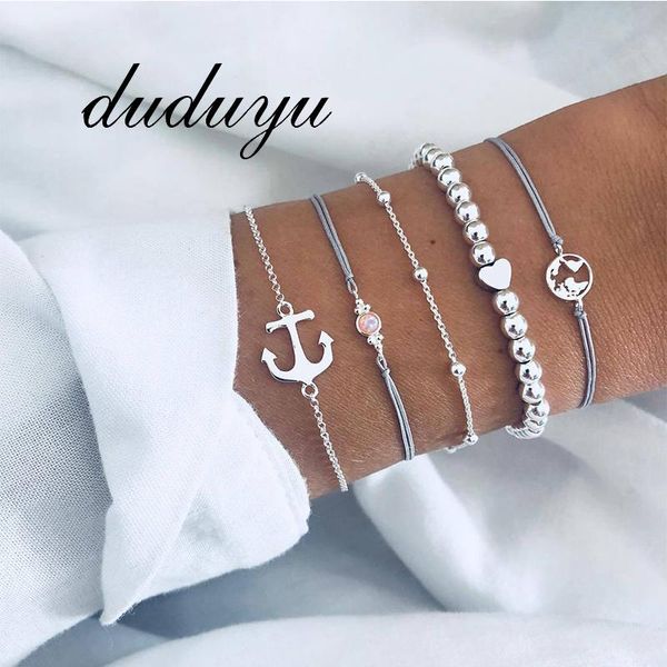 

charm bracelets 5pcs/set 2021 fashion silver color anchor map women rope chain nature stone bracelet ladies wrap metal hooks, Golden;silver