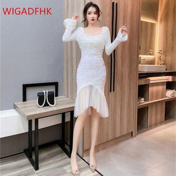 

casual dresses elegant sequined stitching mesh dress tight-fitting hip long-sleeved autumn party female bottoming fishtail, Black;gray