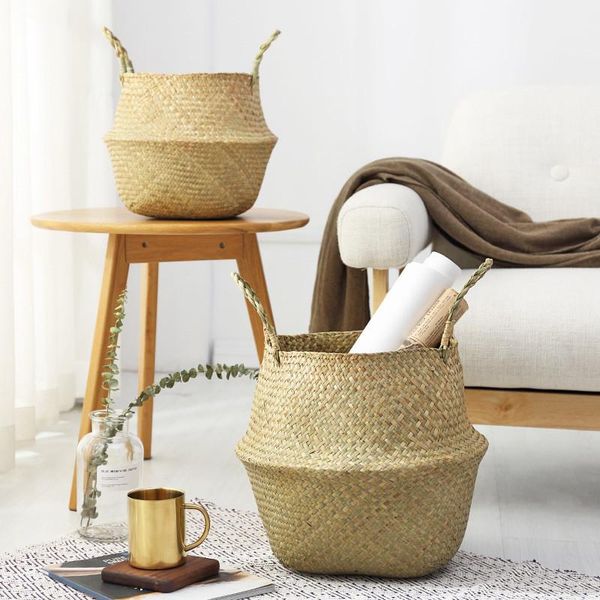 

storage baskets household foldable natural seagrass woven garden flower vase hanging basket with handle bellied