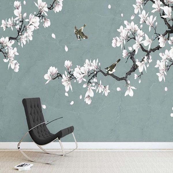 

wallpapers drop custom mural wallpaper hand-painted magnolia flowers and birds wall painting bedroom study waterproof 3d stickers