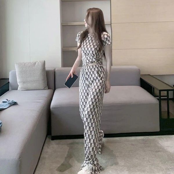 

women's two piece pants summer fashion loose comfort trend letter crew neck short-sleeved leisure high waist wide-leg two-piece set, White